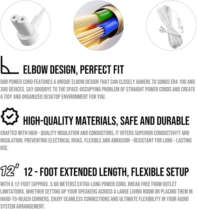 Rolkely (2-Pack) Long Power Cords Compatible with Sonos Era 100 and Era 300 Speakers, Extended Reach, Enhanced Flexibility, and Durability, Secure Connection (12-Foot) (White) - Image 3
